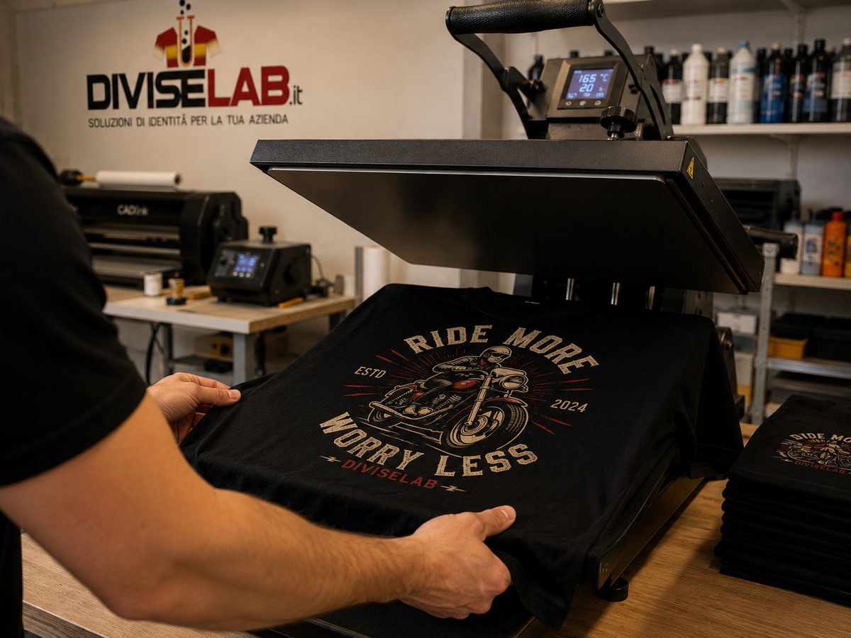 Laboratorio DiviseLab durante la personalizzazione di un capo con la pressa termica