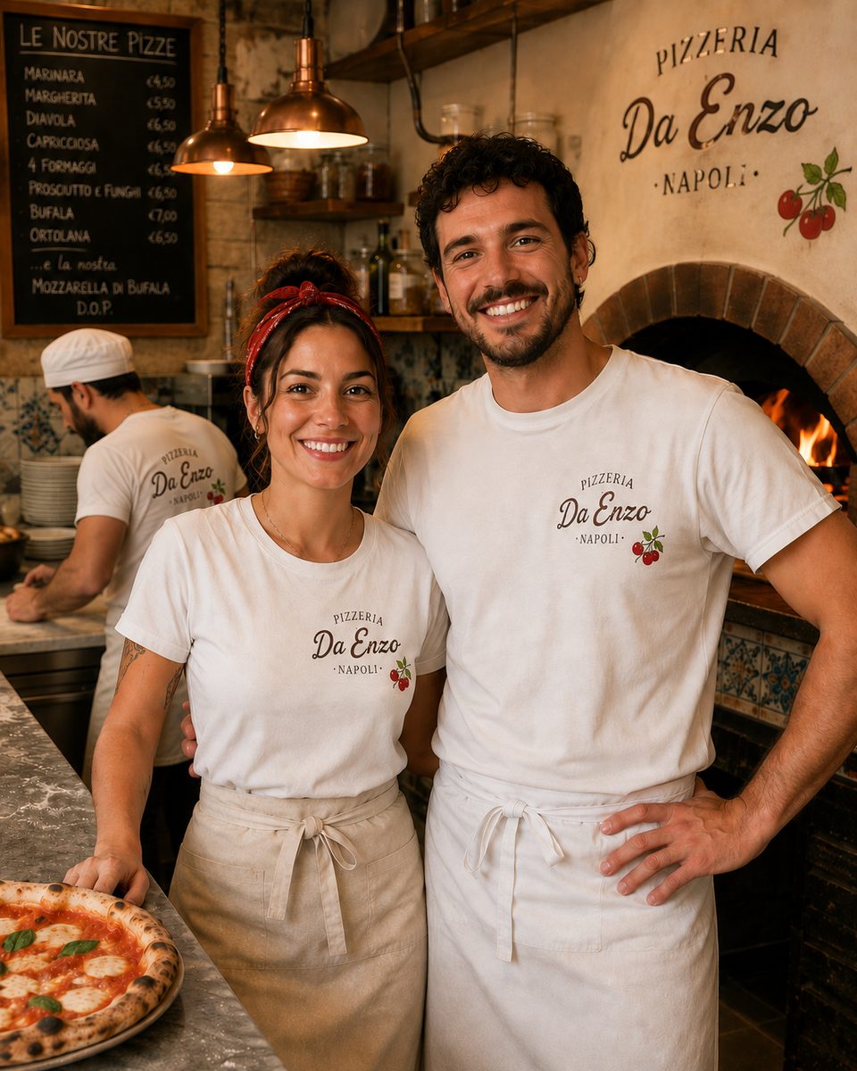 Staff di un ristorante italiano con divise personalizzate DiviseLab